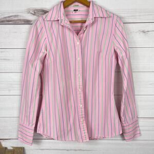 Womens J Crew Cotton Blouse Pink‎ Green Stripe Size XS Slim Fit